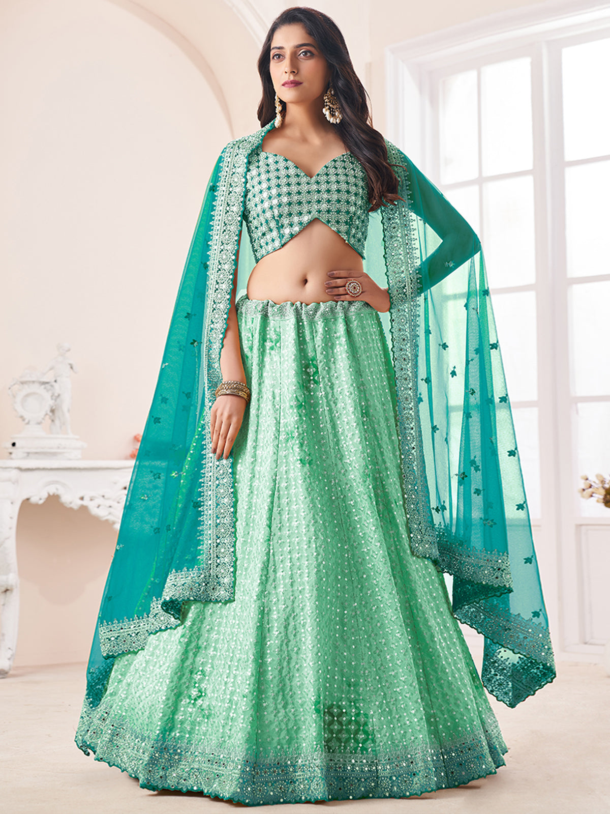 Women's Sea Green Georgette Semi stitched Lehenga With Unstitched Blouse Clothsvilla Main image