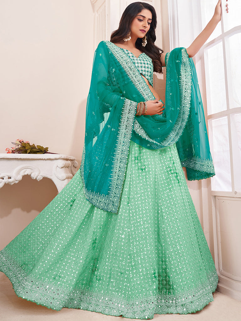 Women's Sea Green Georgette Semi stitched Lehenga With Unstitched Blouse Clothsvilla