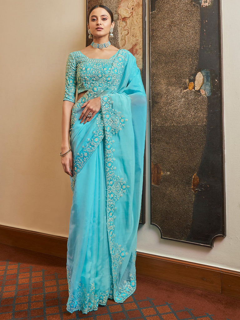 Sky Blue Organza Embroidered Saree With Unstitched Blouse Clothsvilla