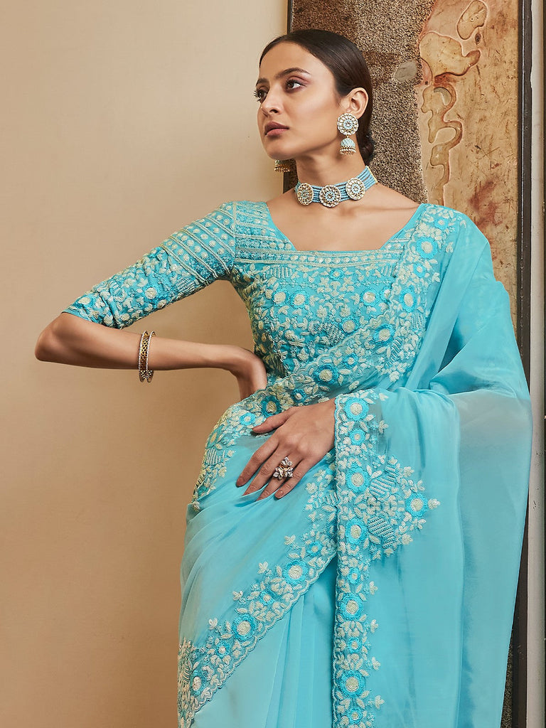 Sky Blue Organza Embroidered Saree With Unstitched Blouse Clothsvilla