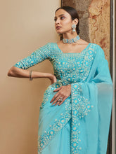 Load image into Gallery viewer, Sky Blue Organza Embroidered Saree With Unstitched Blouse Clothsvilla