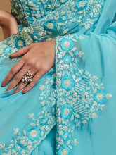 Load image into Gallery viewer, Sky Blue Organza Embroidered Saree With Unstitched Blouse Clothsvilla