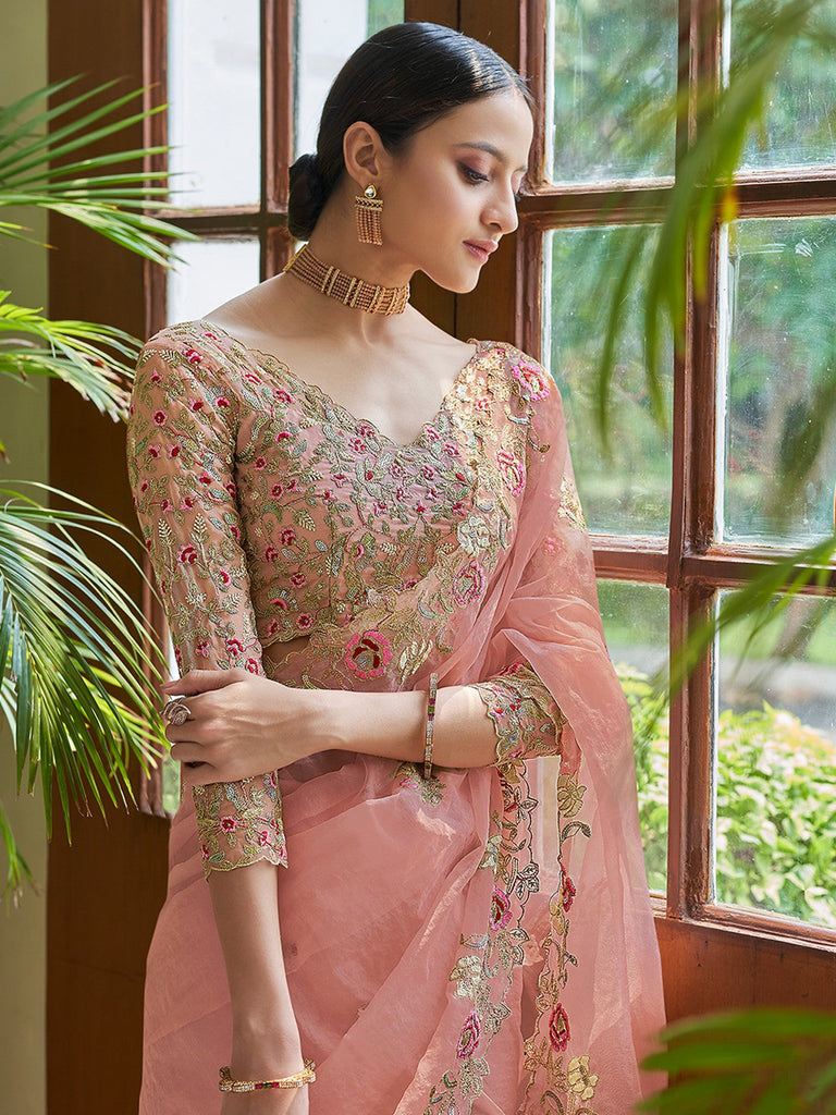 Peach Organza Embroidered Saree With Unstitched Blouse Clothsvilla