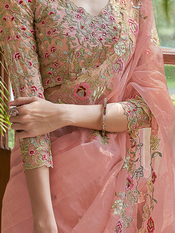 Peach Organza Embroidered Saree With Unstitched Blouse Clothsvilla