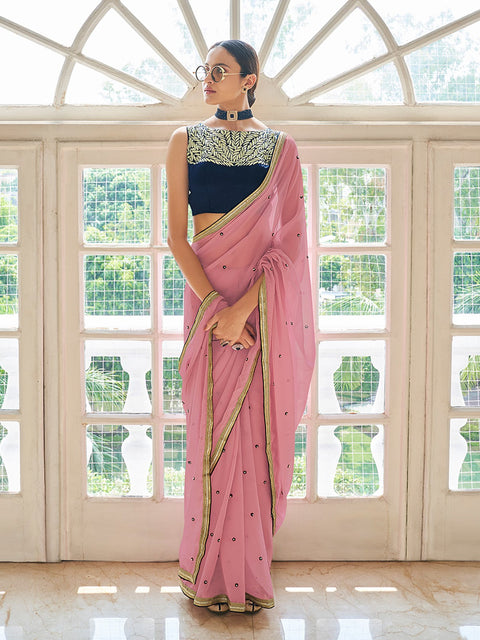 Peach Georgette Embroidered Saree With Unstitched Blouse Clothsvilla Main image