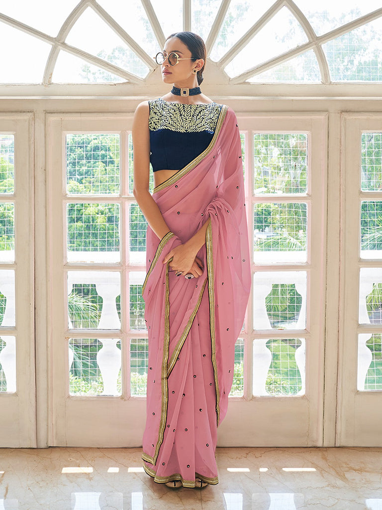 Peach Georgette Embroidered Saree With Unstitched Blouse Clothsvilla