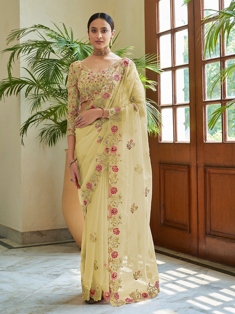 Yellow Organza Embroidered Saree With Unstitched Blouse Clothsvilla