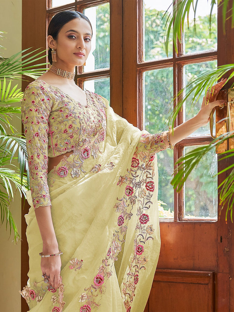 Yellow Organza Embroidered Saree With Unstitched Blouse Clothsvilla