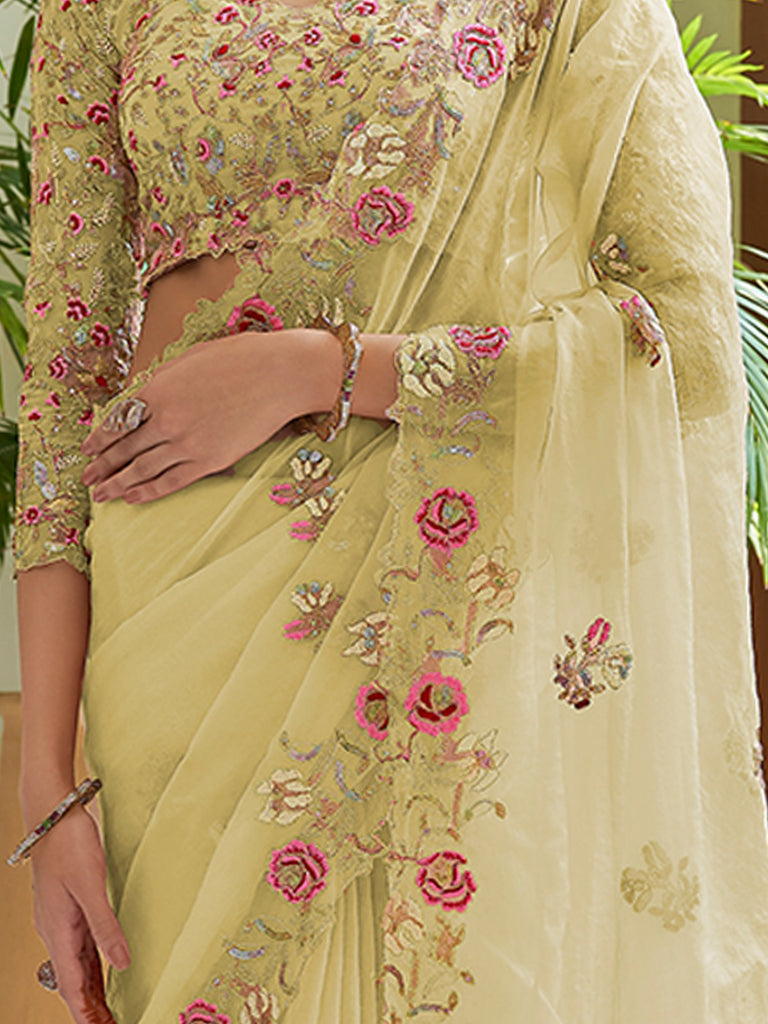 Yellow Organza Embroidered Saree With Unstitched Blouse Clothsvilla