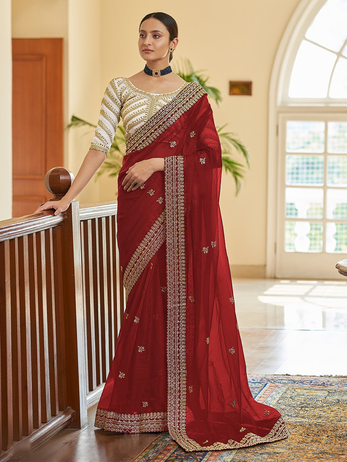Maroon Organza Embroidered Saree With Unstitched Blouse Clothsvilla Main image