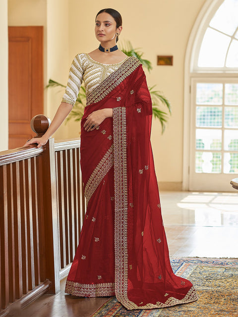 Maroon Organza Embroidered Saree With Unstitched Blouse Clothsvilla Main image