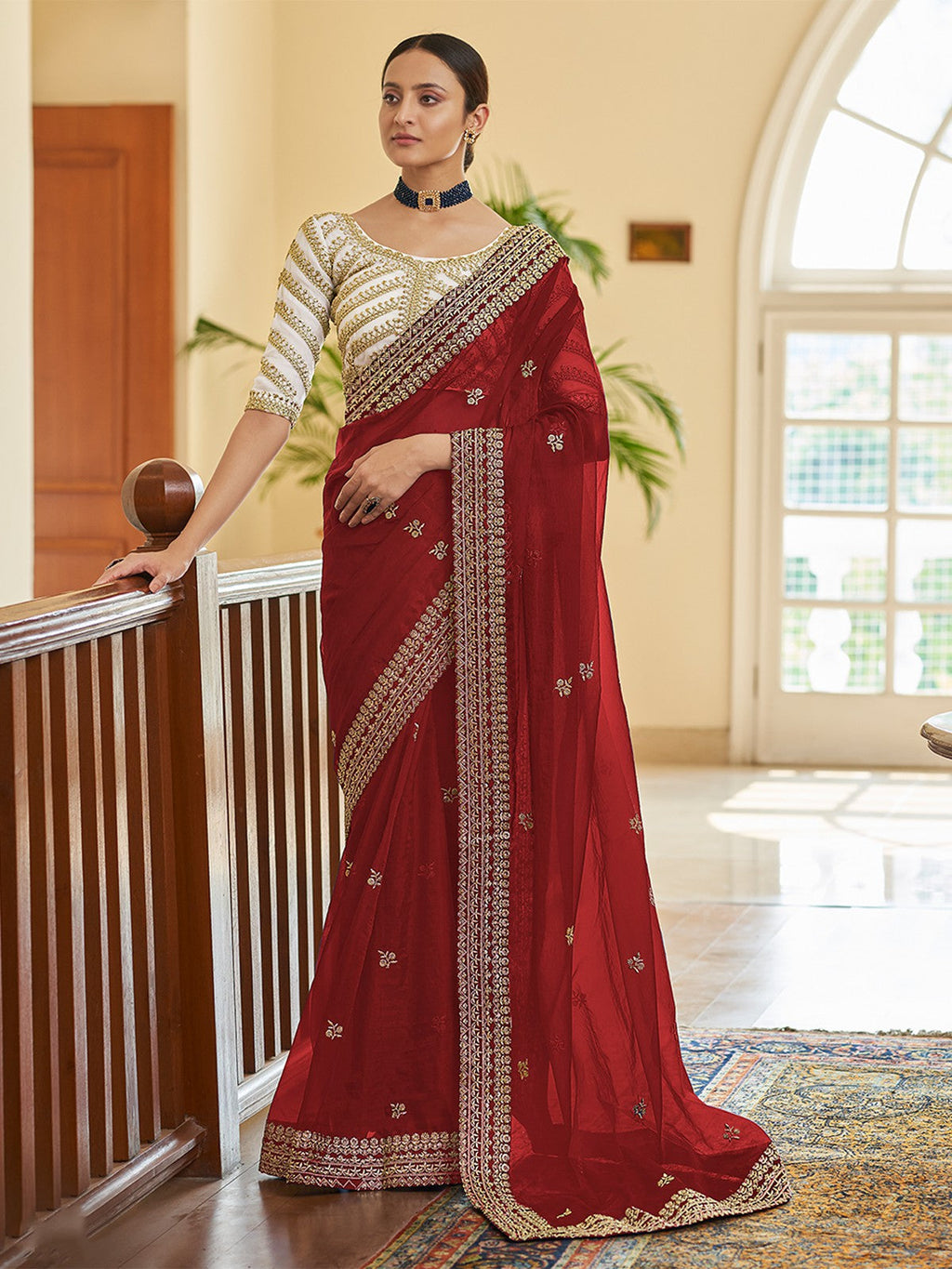 Maroon Organza Embroidered Saree With Unstitched Blouse Clothsvilla