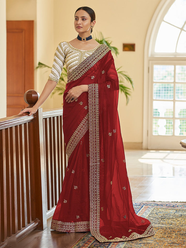 Maroon Organza Embroidered Saree With Unstitched Blouse Clothsvilla