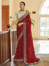 Load image into Gallery viewer, Maroon Organza Embroidered Saree With Unstitched Blouse Clothsvilla