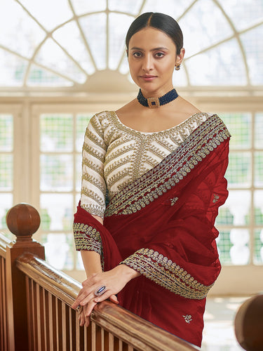 Maroon Organza Embroidered Saree With Unstitched Blouse Clothsvilla