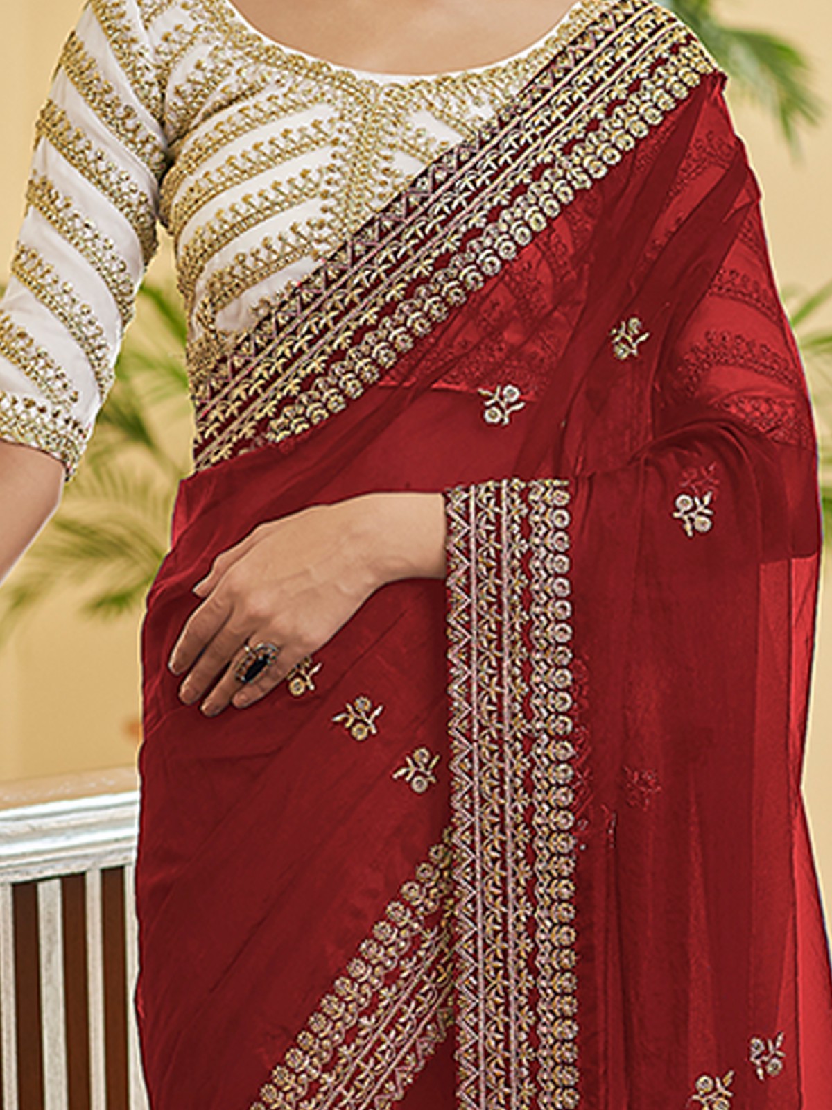 Maroon Organza Embroidered Saree With Unstitched Blouse Clothsvilla