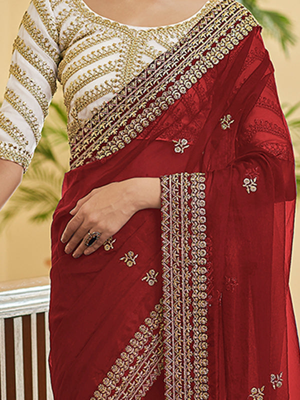 Maroon Organza Embroidered Saree With Unstitched Blouse Clothsvilla