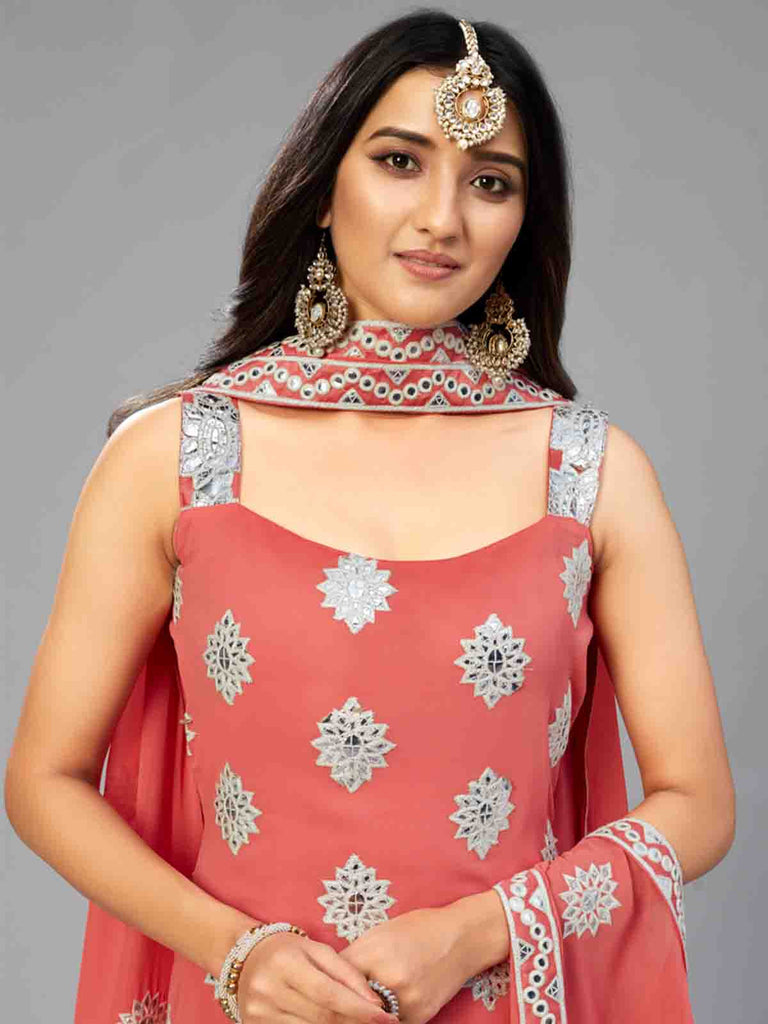 Elegant Red Orange Semi Stitched Kurta Set Clothsvilla