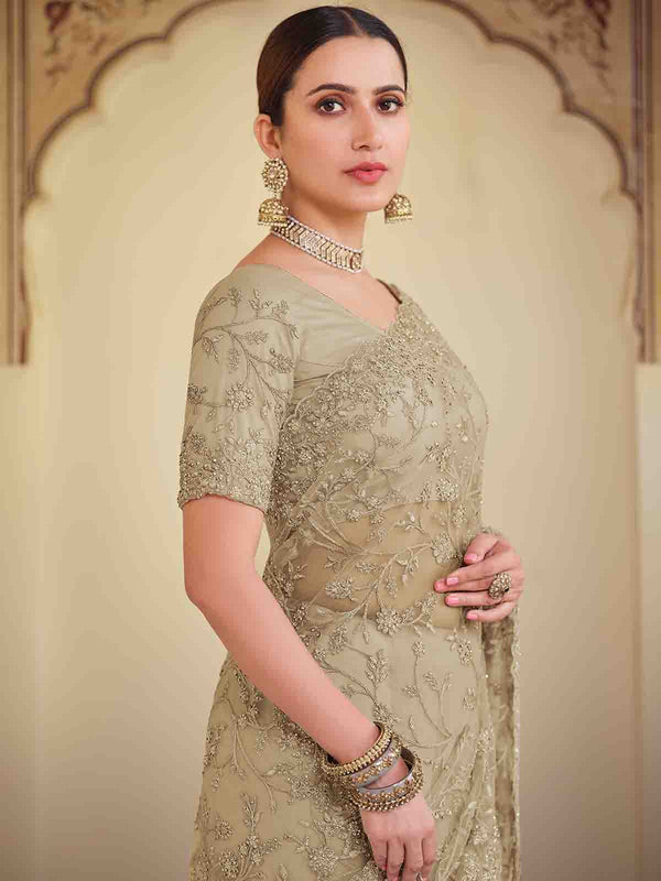 Olive Green Soft Net Saree With Unstitched Blouse Clothsvilla