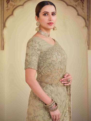 Olive Green Soft Net Saree With Unstitched Blouse Clothsvilla