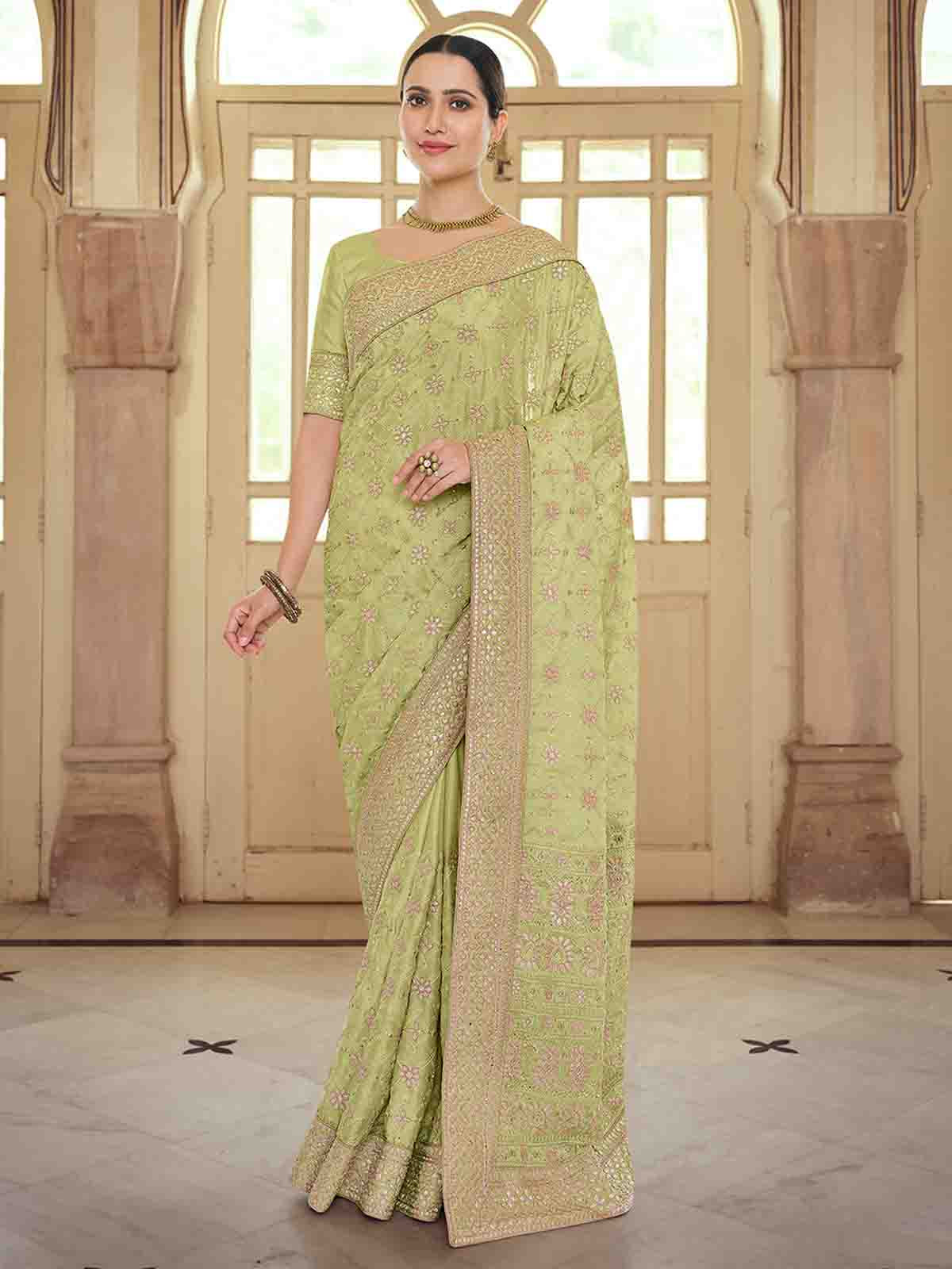 Green Satin Georgette Saree With Unstitched Blouse Clothsvilla Main image