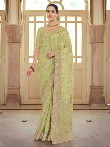 Green Satin Georgette Saree With Unstitched Blouse Clothsvilla