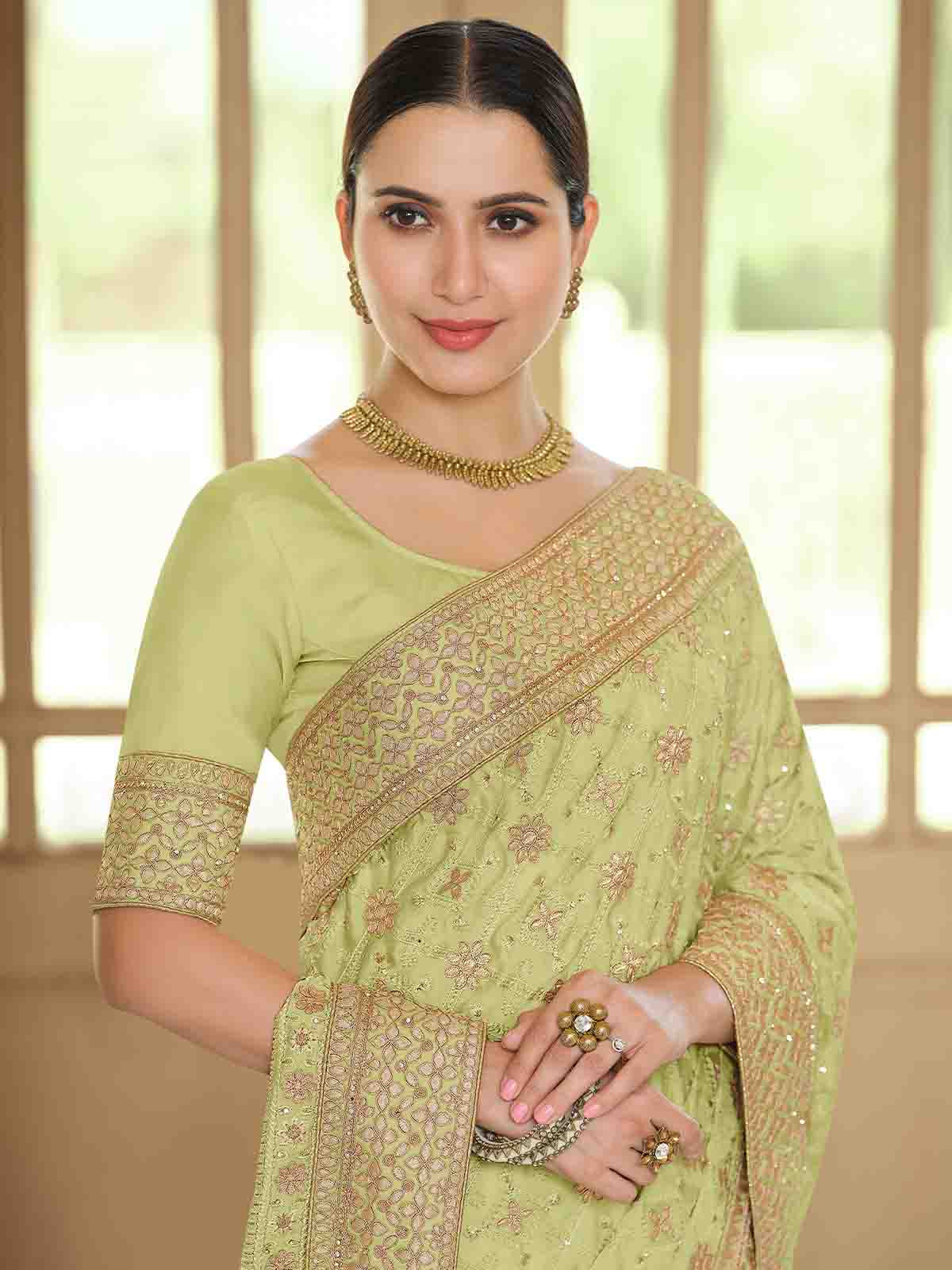 Green Satin Georgette Saree With Unstitched Blouse Clothsvilla