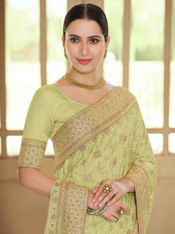 Green Satin Georgette Saree With Unstitched Blouse Clothsvilla