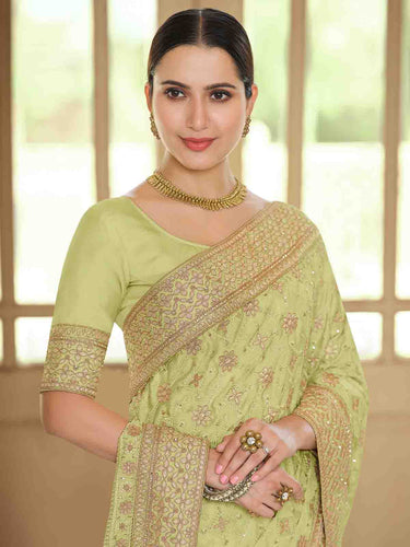 Green Satin Georgette Saree With Unstitched Blouse Clothsvilla