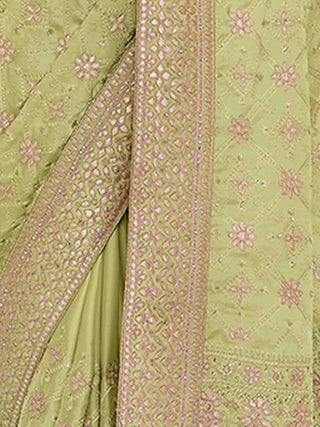 Green Satin Georgette Saree With Unstitched Blouse Clothsvilla