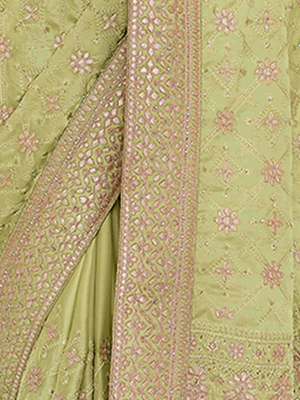 Green Satin Georgette Saree With Unstitched Blouse Clothsvilla