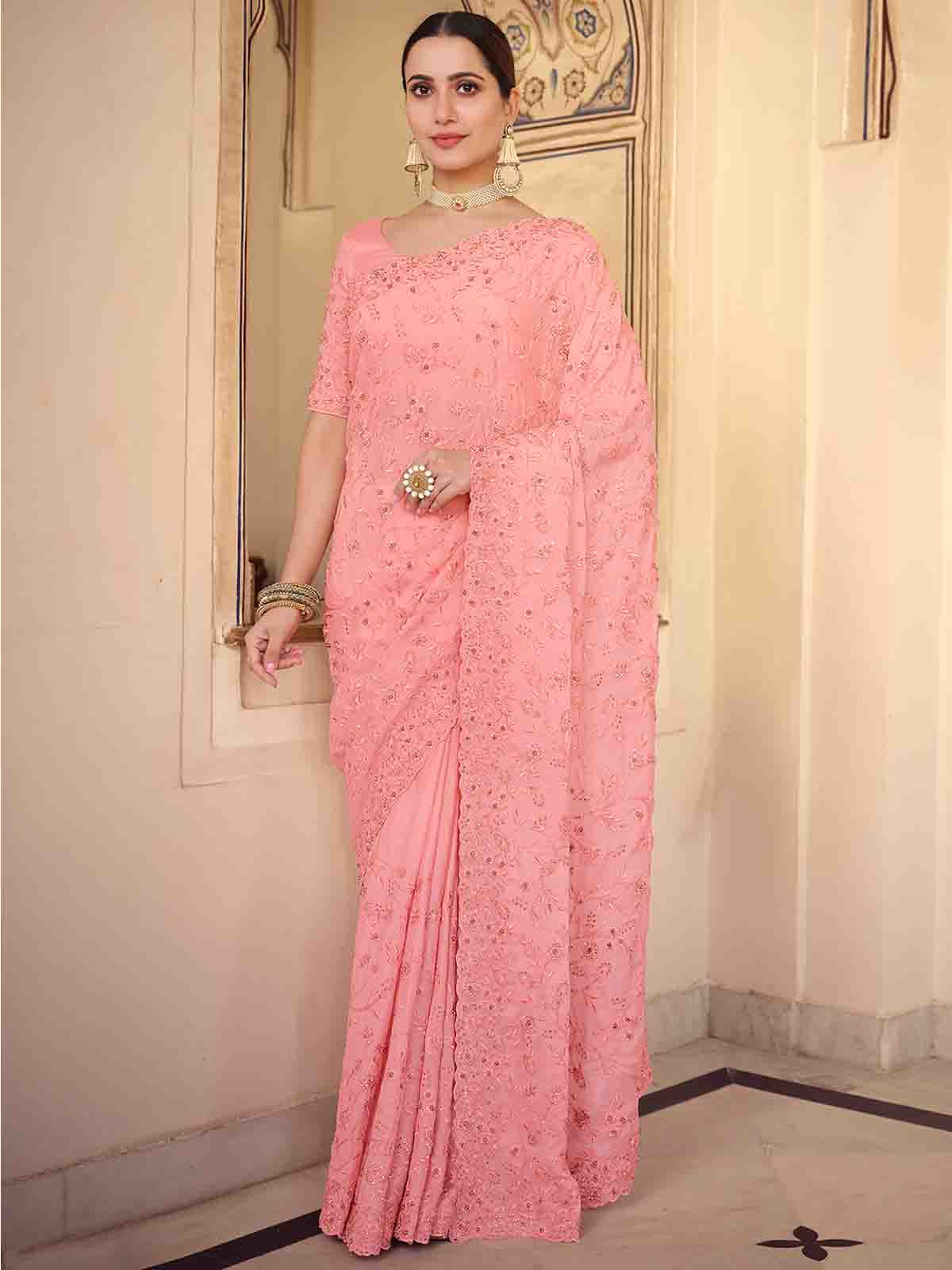 Pink Chiffon Saree With Unstitched Blouse Clothsvilla Main image