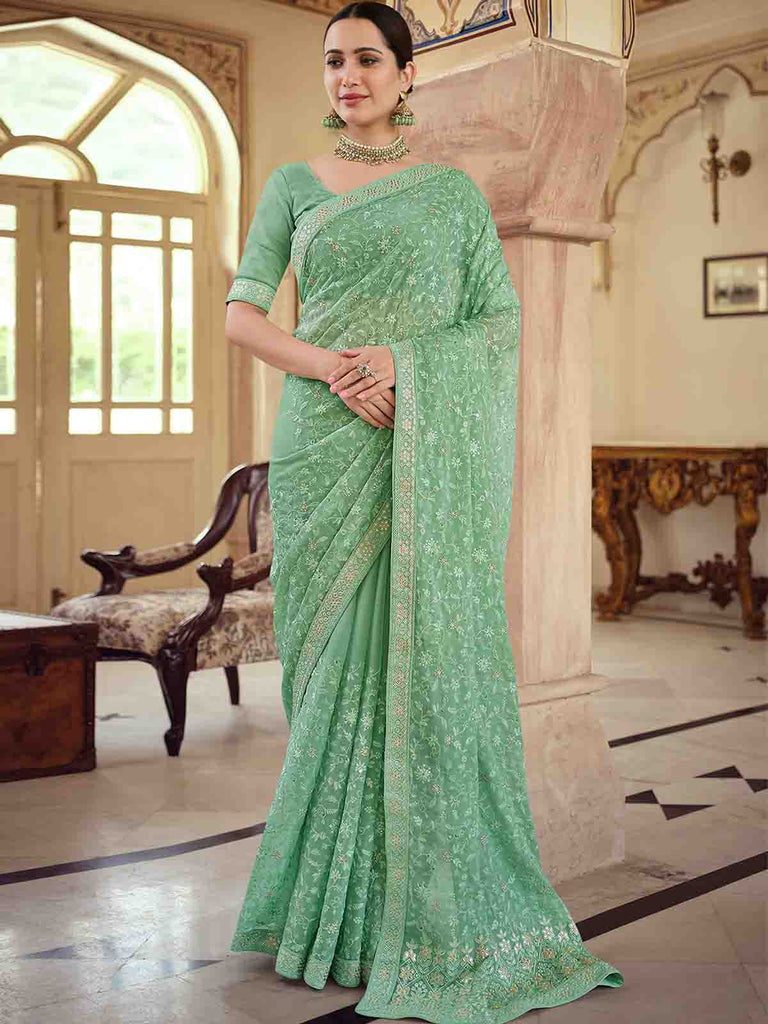 Green Chiffon Saree With Unstitched Blouse Clothsvilla