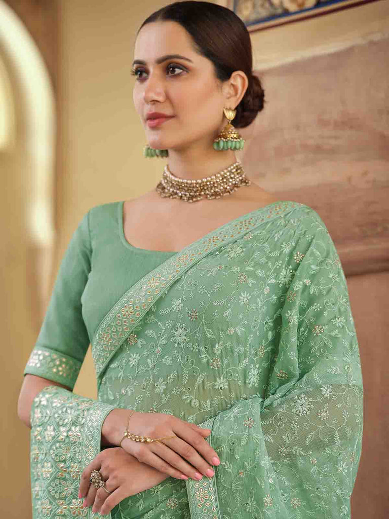 Green Chiffon Saree With Unstitched Blouse Clothsvilla