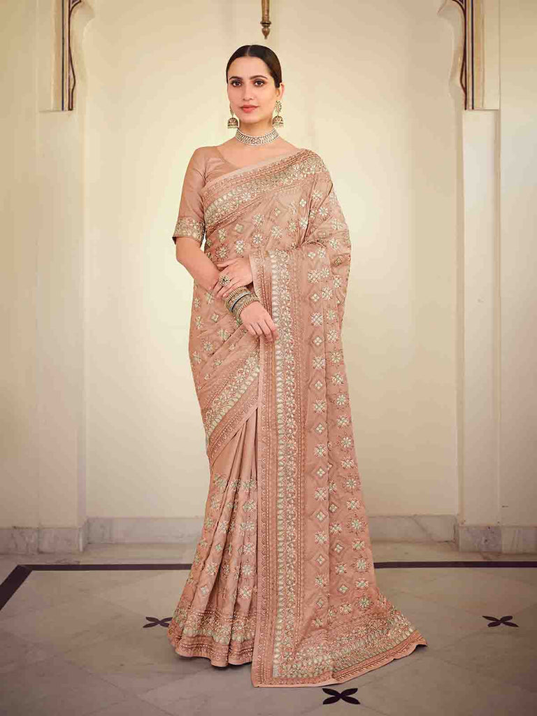 Brown Satin Georgette Saree With Unstitched Blouse Clothsvilla