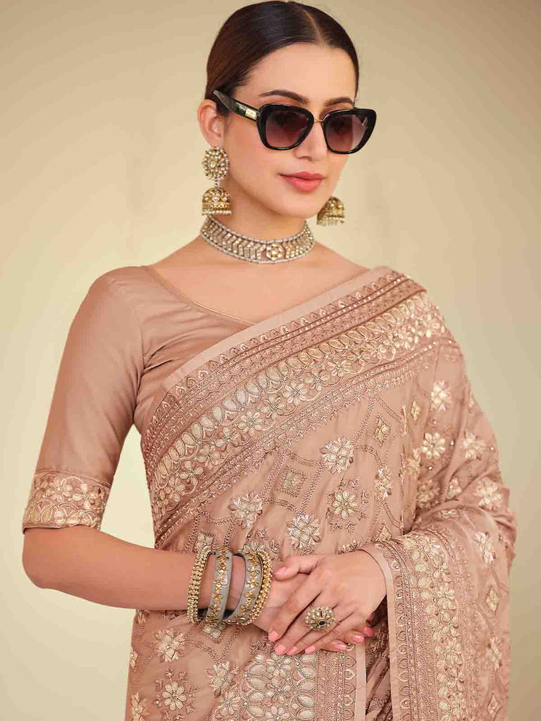 Brown Satin Georgette Saree With Unstitched Blouse Clothsvilla