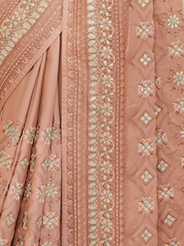 Brown Satin Georgette Saree With Unstitched Blouse Clothsvilla