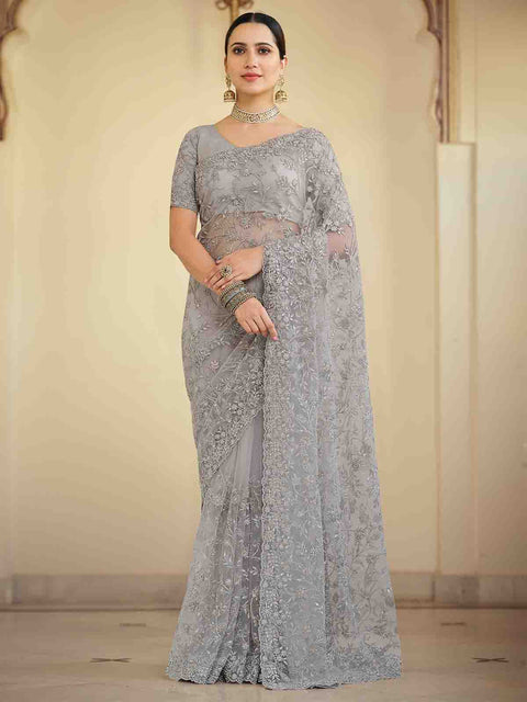 Grey Soft Net Saree With Unstitched Blouse Clothsvilla Main image