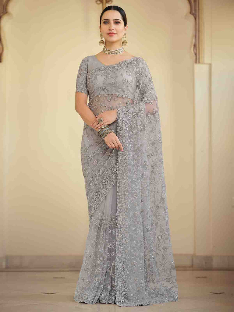 Grey Soft Net Saree With Unstitched Blouse Clothsvilla