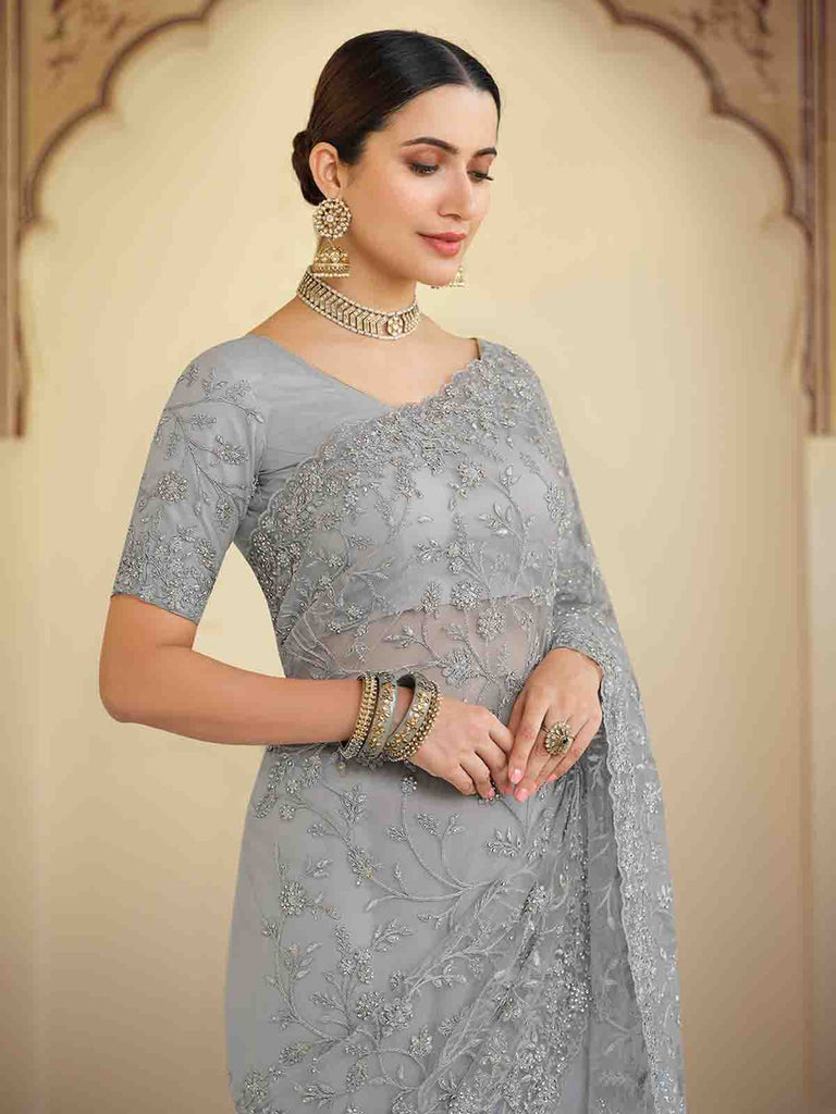 Grey Soft Net Saree With Unstitched Blouse Clothsvilla