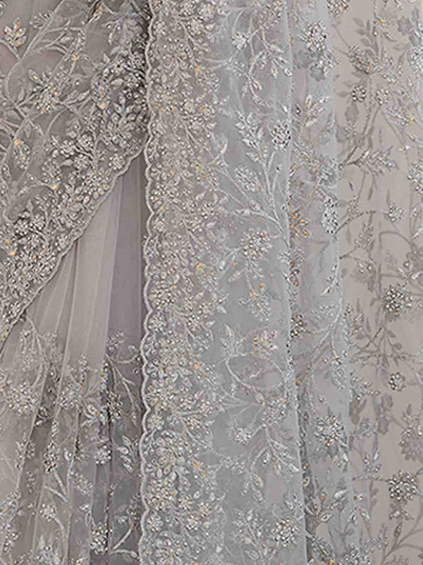 Grey Soft Net Saree With Unstitched Blouse Clothsvilla