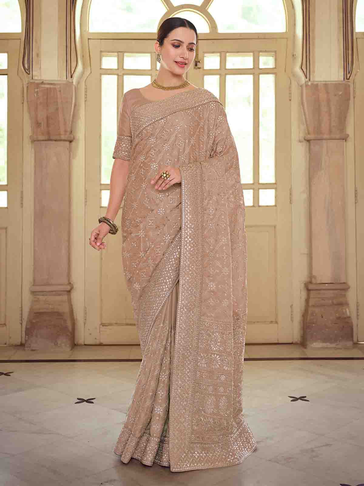 Brown Satin Georgette Saree With Unstitched Blouse Clothsvilla Main image
