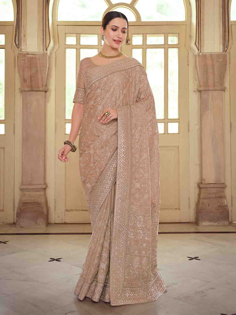 Brown Satin Georgette Saree With Unstitched Blouse Clothsvilla