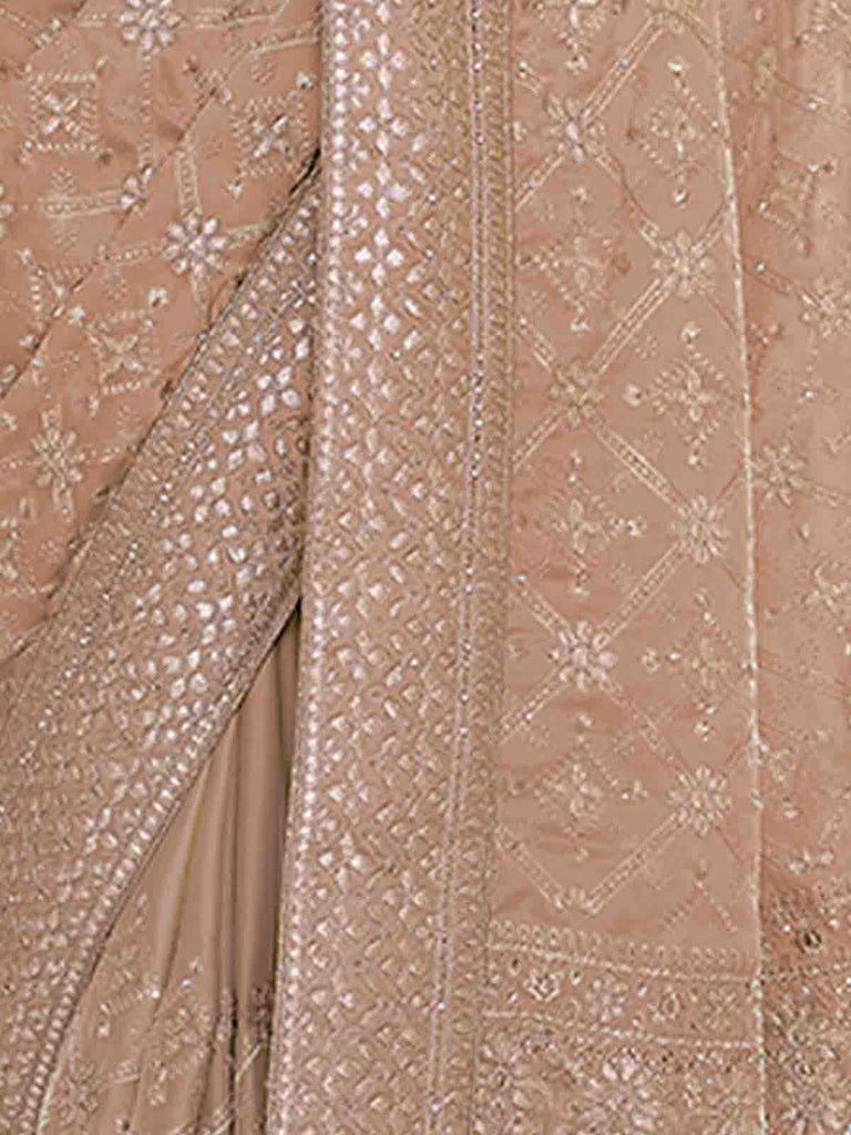 Brown Satin Georgette Saree With Unstitched Blouse Clothsvilla