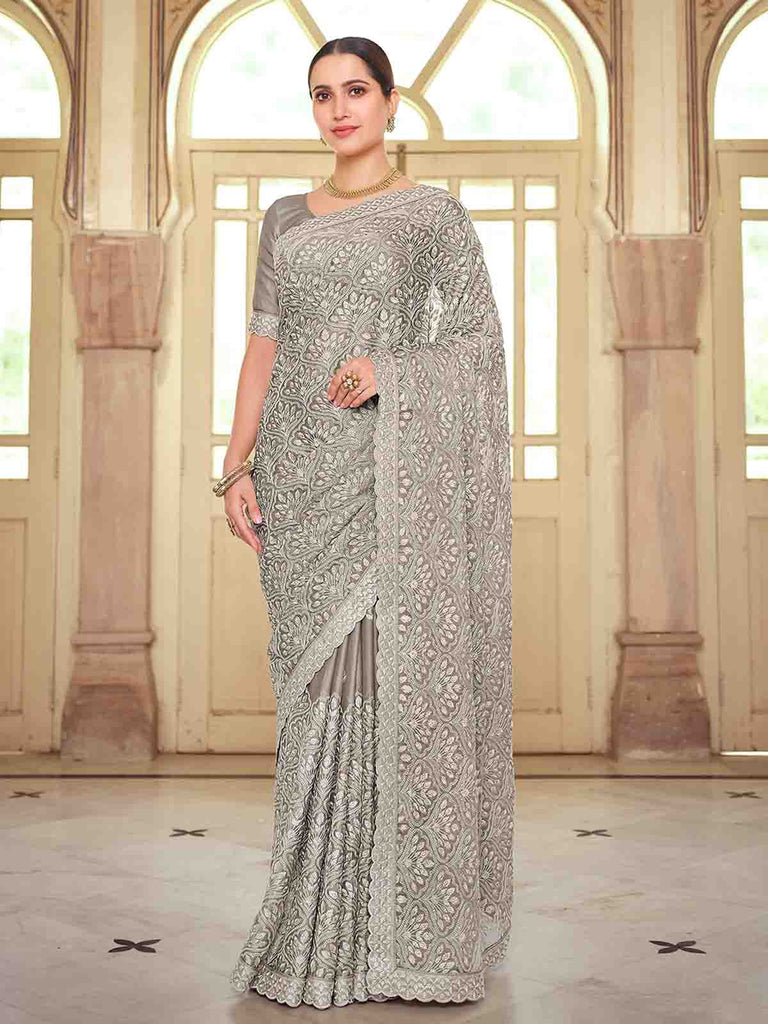 Grey Chiffon Saree With Unstitched Blouse Clothsvilla