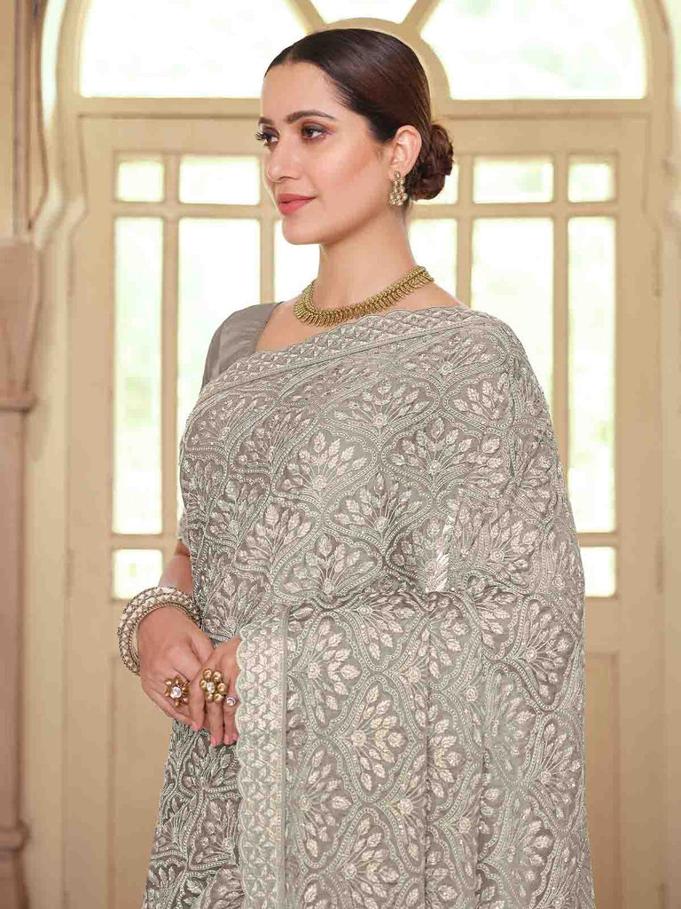 Grey Chiffon Saree With Unstitched Blouse Clothsvilla