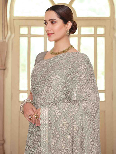 Grey Chiffon Saree With Unstitched Blouse Clothsvilla