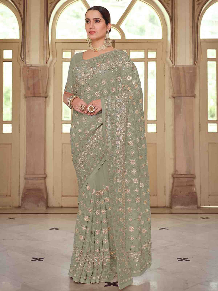 Green Georgette Saree With Unstitched Blouse Clothsvilla