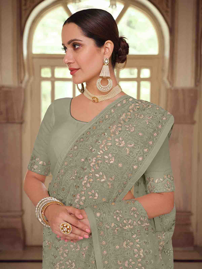 Green Georgette Saree With Unstitched Blouse Clothsvilla