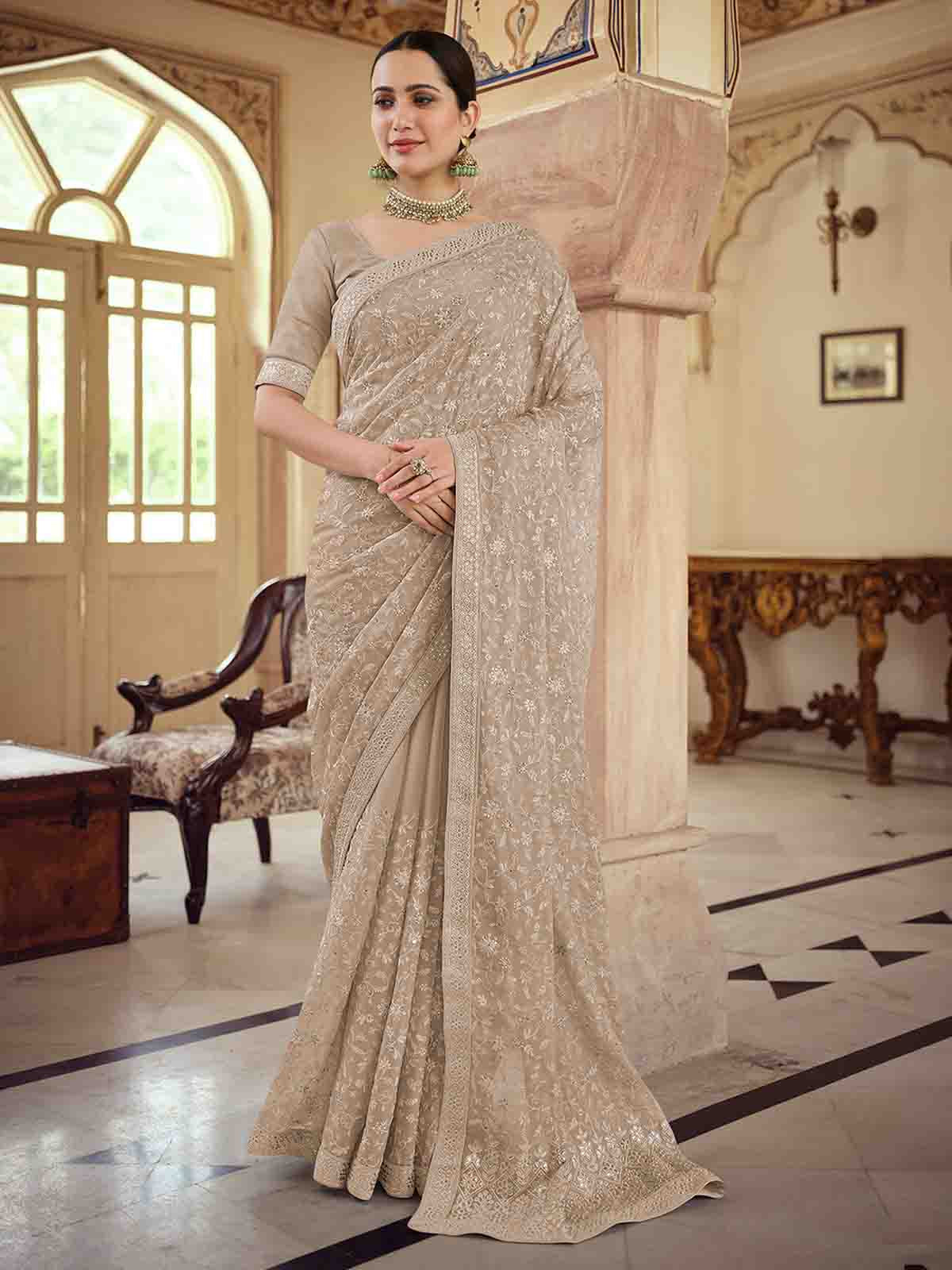 Brown Chiffon Saree With Unstitched Blouse Clothsvilla